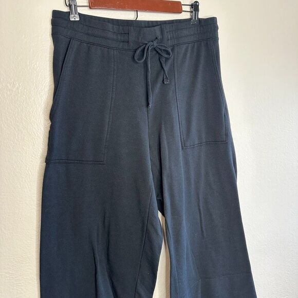 Quince SuperSoft Fleece Wide Leg Pant Womens Size Large Black Crop Lounge Comfy - Picture 2 of 7